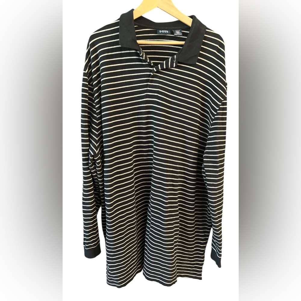 Harbor Bay Men’s Black & Tan Striped Long Sleeve Polo Shirt Size 4XLT
